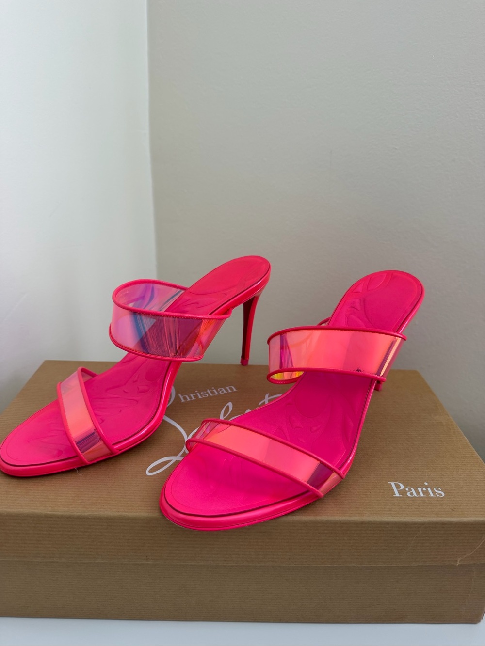 Christian Louboutin Just Loubi fluorescent pink PVC and leather trimmed mules 39